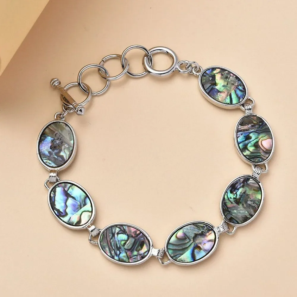 Abalone Shell Oval Shaped Link Bracelet in Silvertone (8-10In)